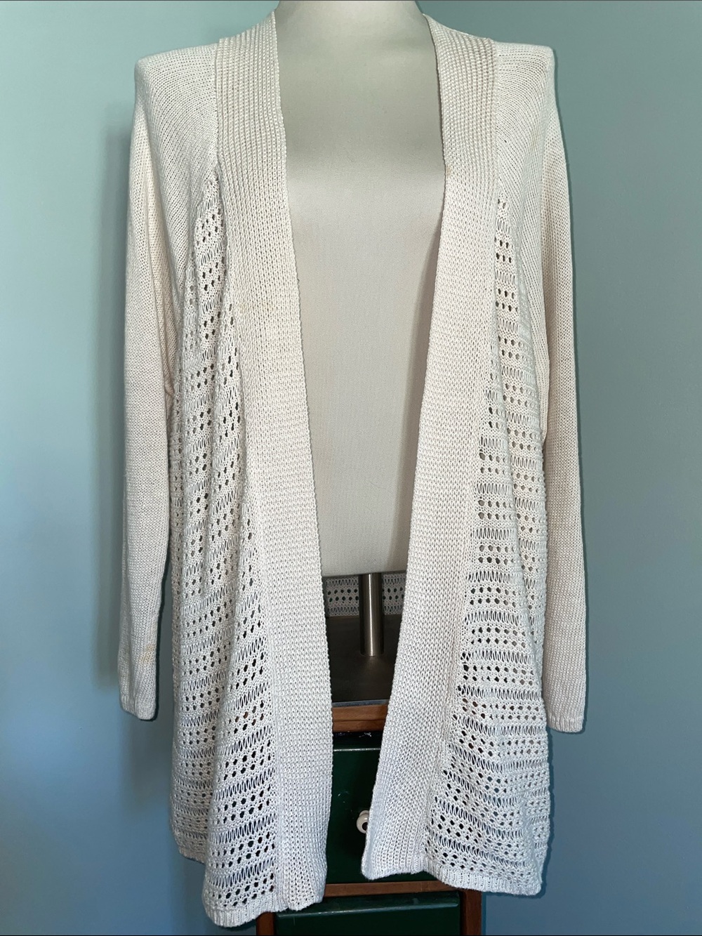 GAP Soft Ivory Linen Cotton Open Knit Long Cardigan Sweater